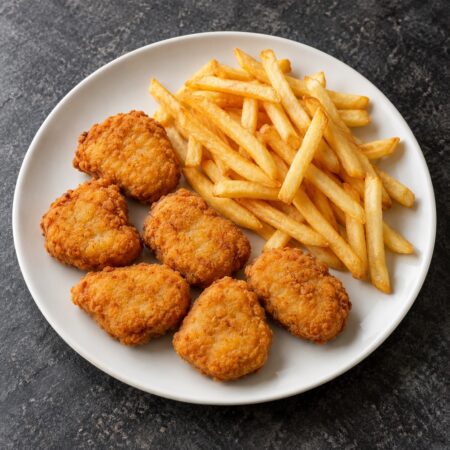 Chicken Nuggets – sechs Stück mit Pommes frites