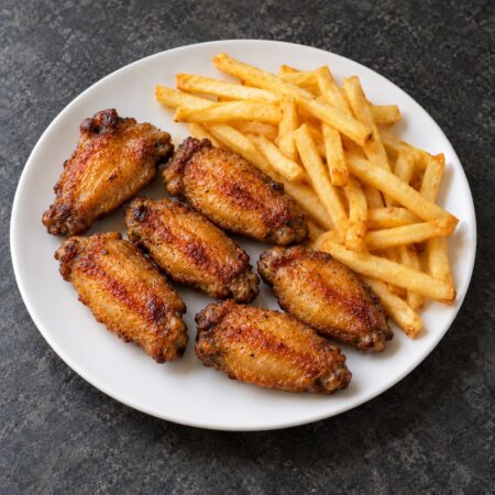 Chicken Wings – sechs Pouletflügel mit Pommes frites